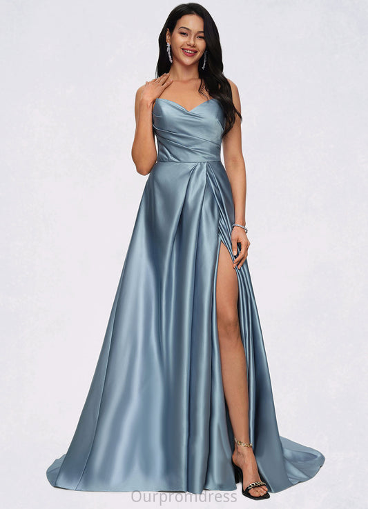 Kaleigh Ball-Gown/Princess V-Neck Sweep Train Satin Prom Dresses HDP0022191