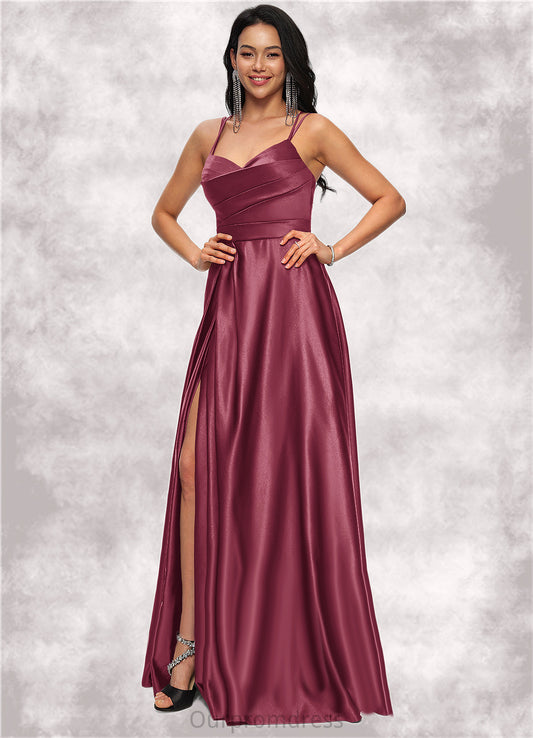 Jaylynn A-line V-Neck Floor-Length Satin Prom Dresses HDP0022197