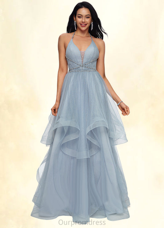 Zara Ball-Gown/Princess Halter V-Neck Floor-Length Tulle Prom Dresses With Beading Rhinestone Sequins HDP0022199