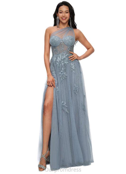 Holly A-line One Shoulder Floor-Length Tulle Prom Dresses With Appliques Lace Sequins HDP0022200