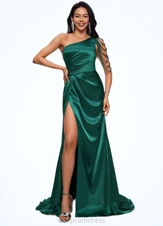Jackie Trumpet/Mermaid One Shoulder Sweep Train Stretch Satin Prom Dresses With Beading HDP0022205
