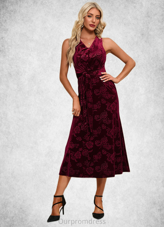 Gabriela Flower V-Neck Elegant A-line Velvet Midi Dresses HDP0022504
