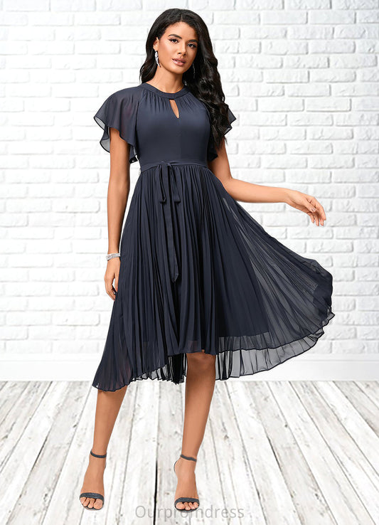 Karly A-line Scoop Asymmetrical Chiffon Cocktail Dress With Bow Pleated HDP0022530