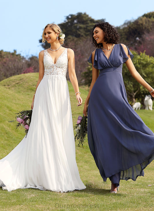 Wedding Dresses Sequins Beading Chiffon Lace With Train Wedding Pat V-neck Court A-Line Dress