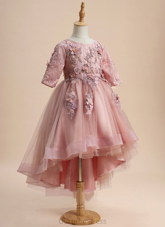 1/2 - Scoop Asymmetrical Sleeves Sharon Tulle Flower Ball-Gown/Princess With Dress Girl Flower Girl Dresses Beading/Flower(s) Neck