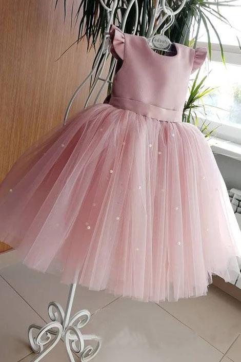 Lovely Pretty Pink Round Neck Tulle Flower Girl Dresses, Cheap Wedding Little Girl STG15258