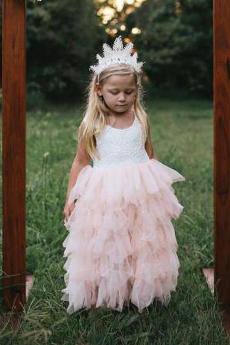 A Line Round Neck Tulle White Straps Flower Girl Dresses with Lace, Baby Dresses STG15021
