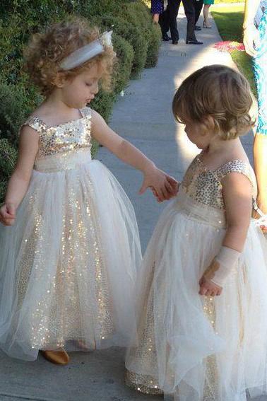 Cute Glitter A Line Gold Sequins Tulle Flower Girl Dresses, Little Girl Dresses STG15573