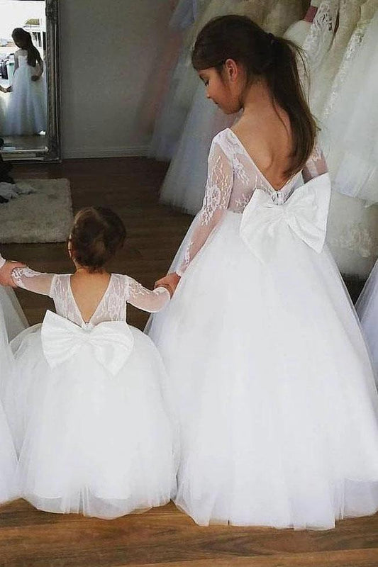 Ball Gown Lace Long Sleeves Flower Girl Dress With Bowknot Back, Round Neck Baby Dresses STG15058