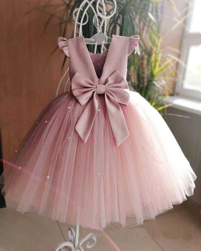 Lovely Pretty Pink Round Neck Tulle Flower Girl Dresses, Cheap Wedding Little Girl STG15258
