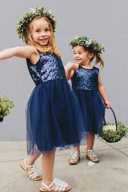 Vintage Navy Blue Sequins Flower Girls Dresses, Short Tulle Birthday Girl Dresses STG15607