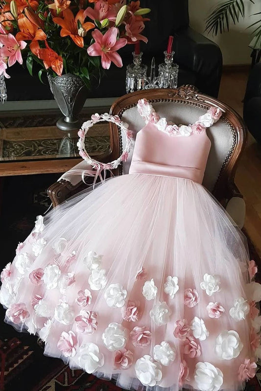 A Line Round Neck Pink Hand Made Flowers Flower Girl Dresses Tulle Wedding Party Dresses STG15019