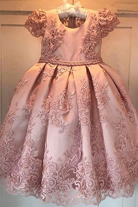 Princess Ball Gown Round Neck Pink Beads Flower Girl Dresses with Appliques STG15587