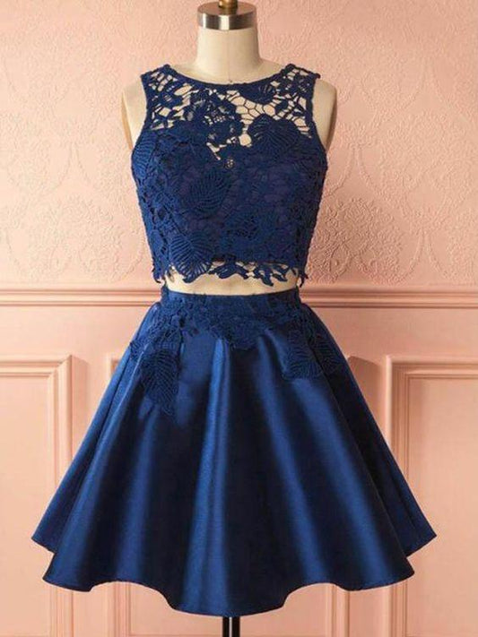 2 Pieces Navy Blue Party Homecoming Dresses Two Pieces Dixie Satin Lace Dress
