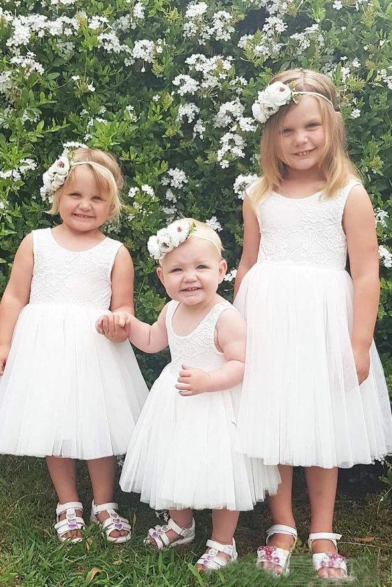 Cute A Line Lace Round Neck White Flower Girl Dresses with Tulle, Baby Dresses STG15134