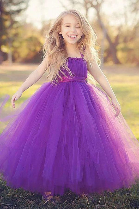 Princess Purple Ball Gown Square Neck Layers Tulle Flower Girl Dresses, Bowknot Baby Dresses STG15304