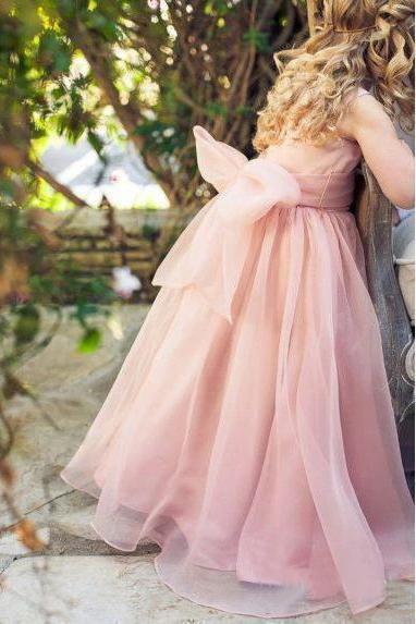 Cute Pink Tulle Flower Girl Dresses with Sash Floor Length, Round Neck Child Dresses STG15575