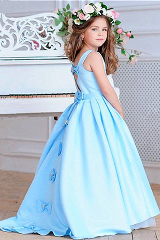 Princess A Line Sky Blue Satin Flower Girl Dresses with Bowknot, Baby Dresses STG15586