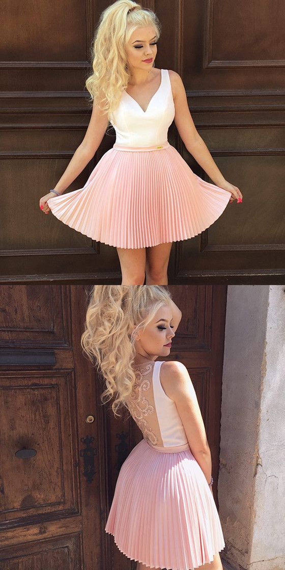 Newest V-Neck Pleats Homecoming Dresses Trinity Pink Appliques Back Short HD152