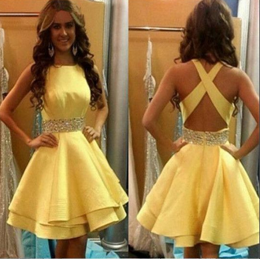 Yellow Cross Back Short Cute Party Dress Homecoming Dresses Lesly With Beading HD161