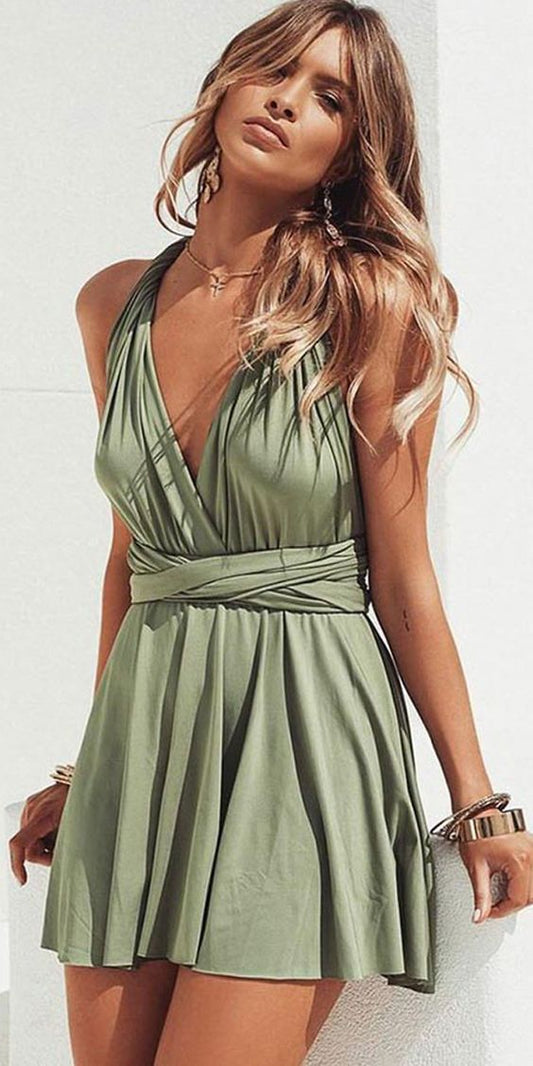 A-Line V-Neck Convertible Style Satin Aniya Homecoming Dresses Short Green HD1659