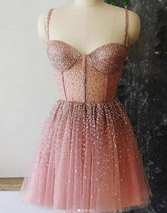 A-Line Spaghetti Homecoming Dresses Pam Pink Straps Short Dresses Dusty Beaded HD1880