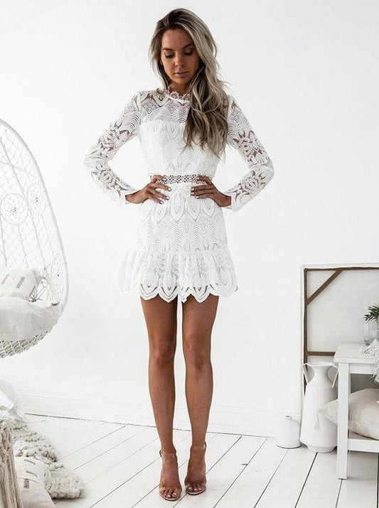 A-Line Round Neck Long Sleeves Short Madge Lace Homecoming Dresses White HD1925
