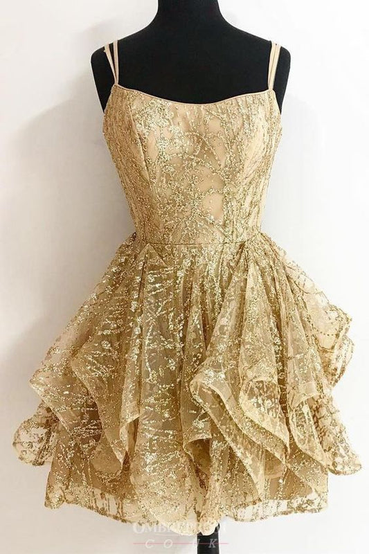 A-Line Sequins Gold Short Glitter Homecoming Dresses Cocktail Luciana Party Dress HD2053