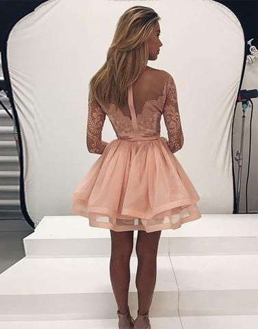 Long Sleeve Tulle Homecoming Dresses Lace Gracie Zipper Back Party Dress HD209
