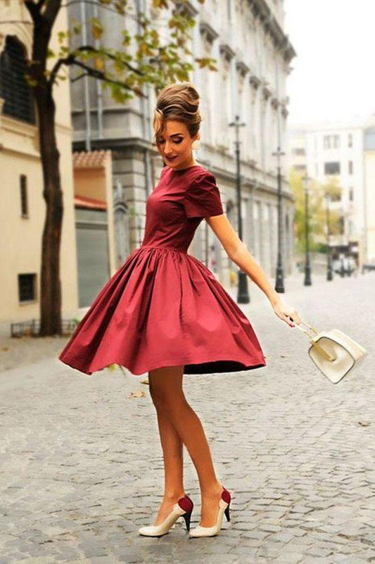 Cute Short Sleeves Ashlee Homecoming Dresses A Line Burgudny Elegant Evening Dresses HD2256