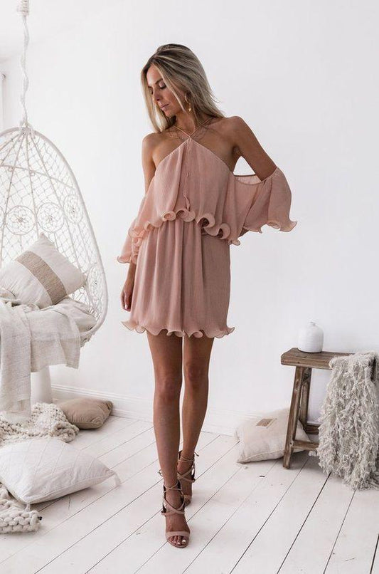 Elegant A-Line Halter Off-Shoulder Short Pink Homecoming Dresses Cristina Chiffon HD2367