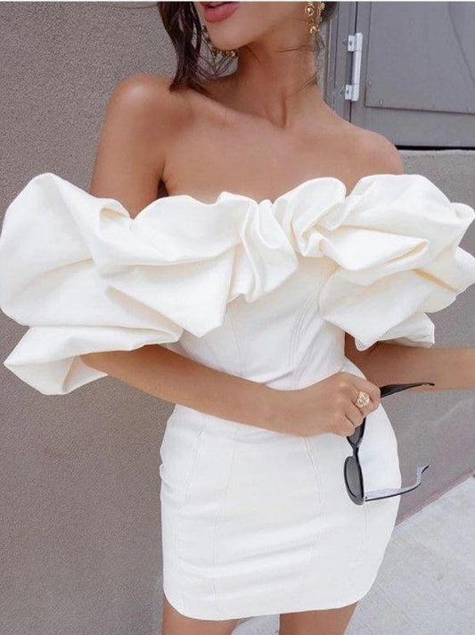Short Homecoming Dresses Amya Sexy Ruffled Off Shoulder White Party Dress HD24553