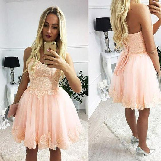 Blush Sweetheart Strapless Up Lace Homecoming Dresses Hedda Pink Back HD24604