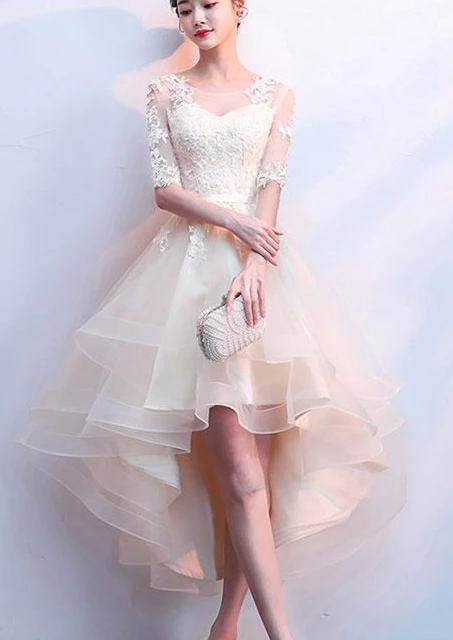 Cute Lace Homecoming Dresses Ruth Champagne And Tulle Short Sleeves Party Dress HD2509