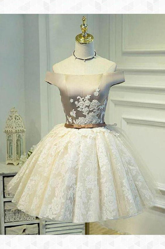 Ball Gown Off Ivory Lace Homecoming Dresses Tessa Shoulder Short With Appliques HD261