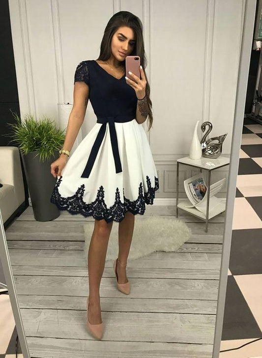 Cute V Neck Black And Lace Elyse Homecoming Dresses White Short Dress HD2876