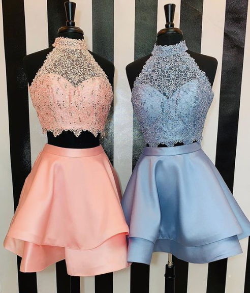Two Aryana Homecoming Dresses Satin Lace Piece Round Neck Short Blue With HD3826