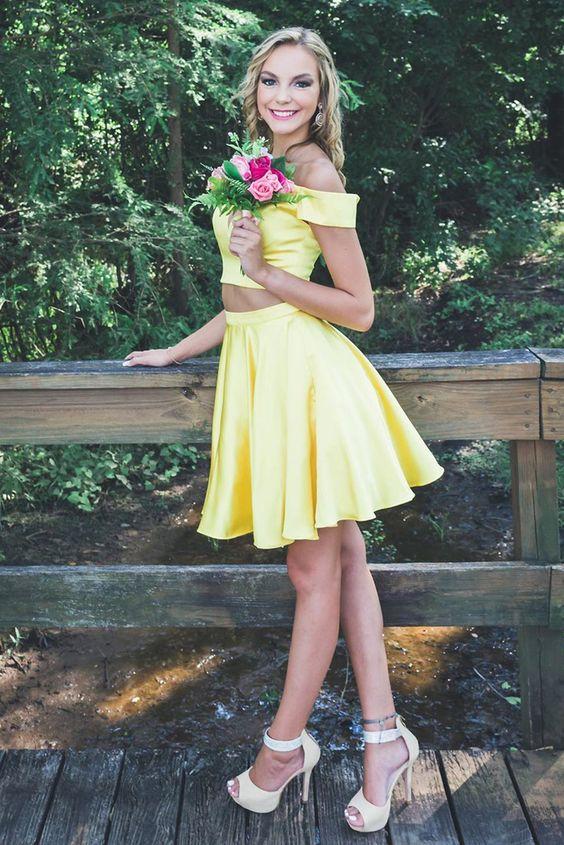 Off The Shoulder Two Piece Party Homecoming Dresses Elisabeth Dress Yellow Short HD4795