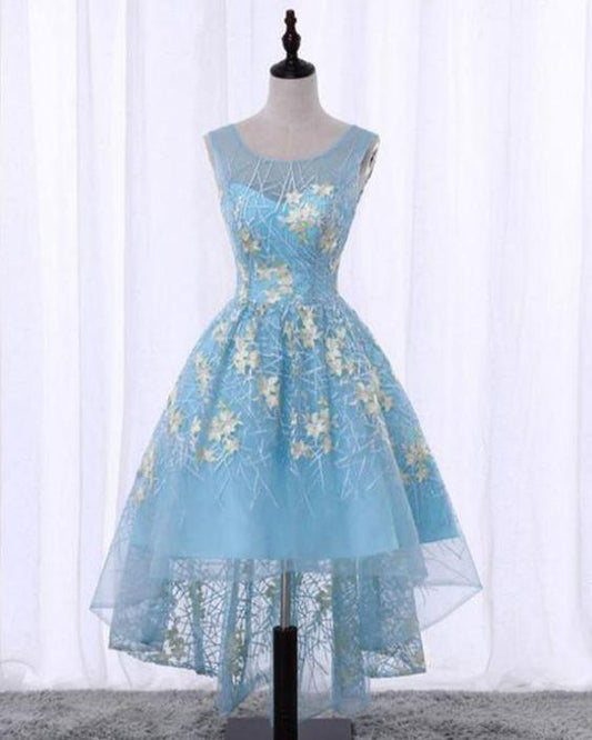 Spring Blue Scoop Jill Lace Homecoming Dresses Neck High Low With Appliques HD5219