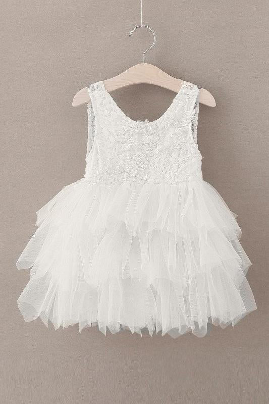 Cute Round Neck White Flower Girl Dresses Open Back Tulle Wedding Party Dresses STG15136