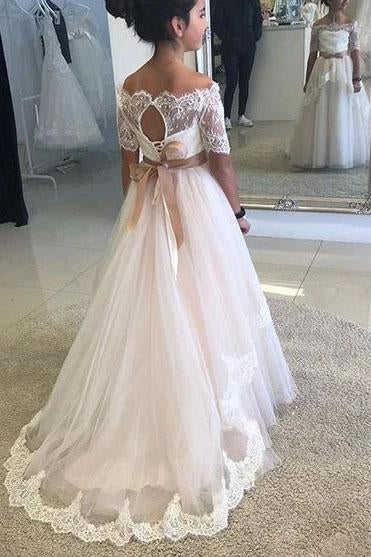 A Line Off the Shoulder Half Sleeve Flower Girl Dresses with Lace up, Wedding Party Dresses STG15550