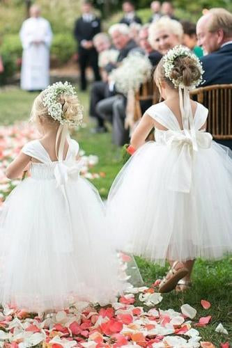 Cute A-line White Long Tulle Flower Girl Dress with Bowknot, Baby Dresses STG15572