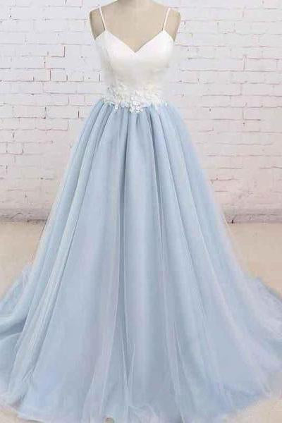 A Line Light Blue Spaghetti Straps Prom Dresses Sweetheart Long Evening Dresses