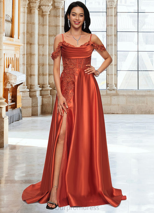 Hillary A-line Off the Shoulder Sweep Train Satin Prom Dresses With Rhinestone HDP0022208