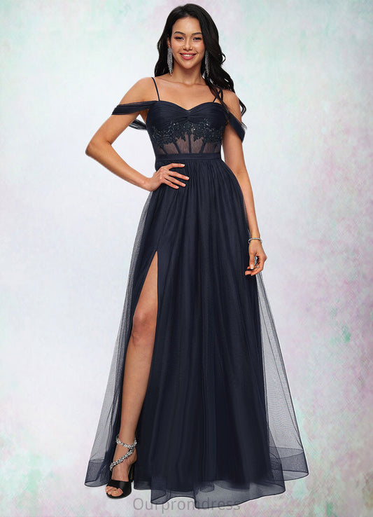 Angelique Ball-Gown/Princess Off the Shoulder Floor-Length Tulle Prom Dresses With Appliques Lace Sequins HDP0022221