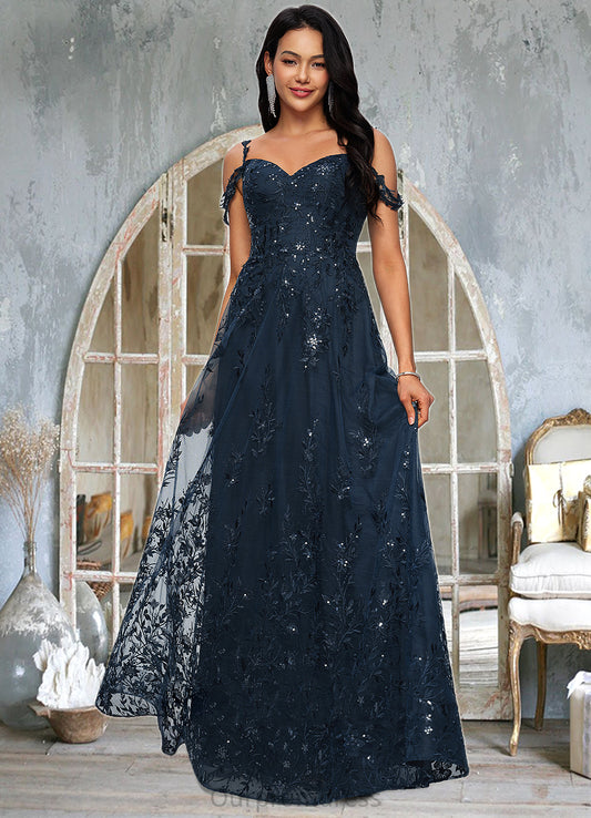 Ariel A-line V-Neck Floor-Length Lace Prom Dresses With Sequins HDP0022222