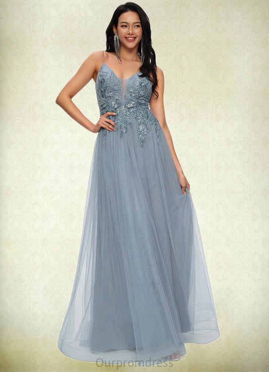 Tess A-line V-Neck Floor-Length Tulle Prom Dresses With Appliques Lace Sequins HDP0022223