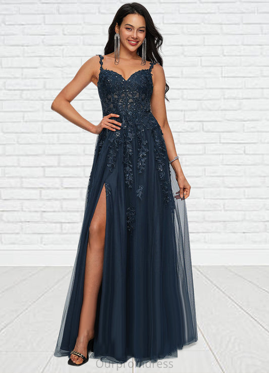 Amaya A-line V-Neck Floor-Length Tulle Prom Dresses With Sequins HDP0022224