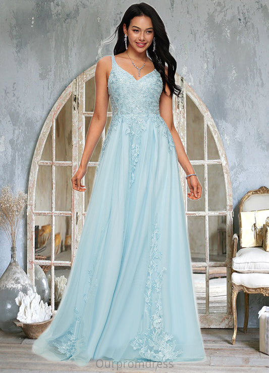 Cassandra A-line V-Neck Floor-Length Tulle Prom Dresses With Rhinestone Appliques Lace Sequins HDP0022225