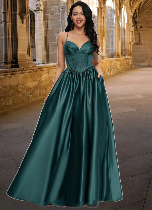 Mimi Ball-Gown/Princess V-Neck Floor-Length Satin Prom Dresses With Pleated HDP0022230
